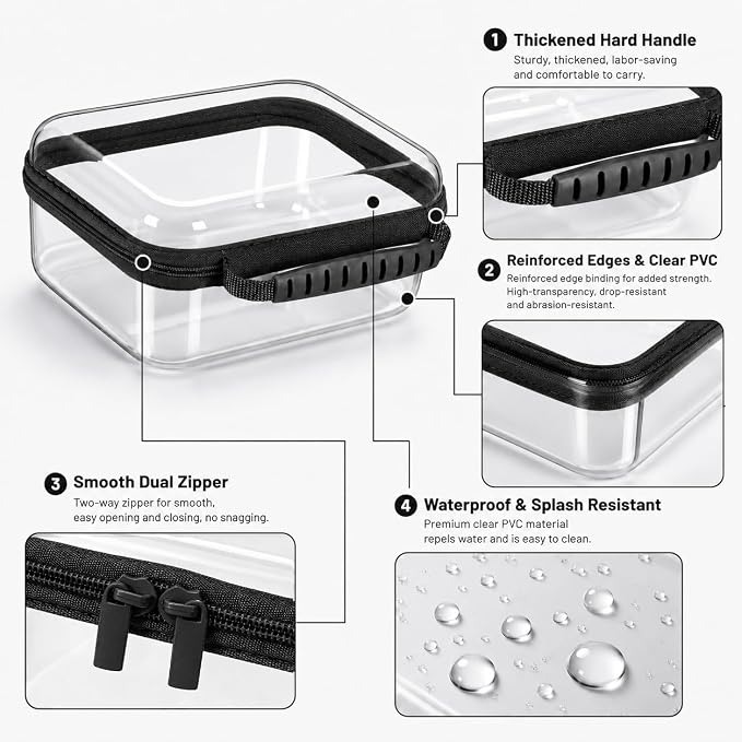 Clear Hard Shell Zipper Case 3PCS Set, 1.2mm PET Travel Organizer | Deep waterproof stackable storage pouches with handle. Heavy duty clear zipper bags for travel, makeup, toys and snacks