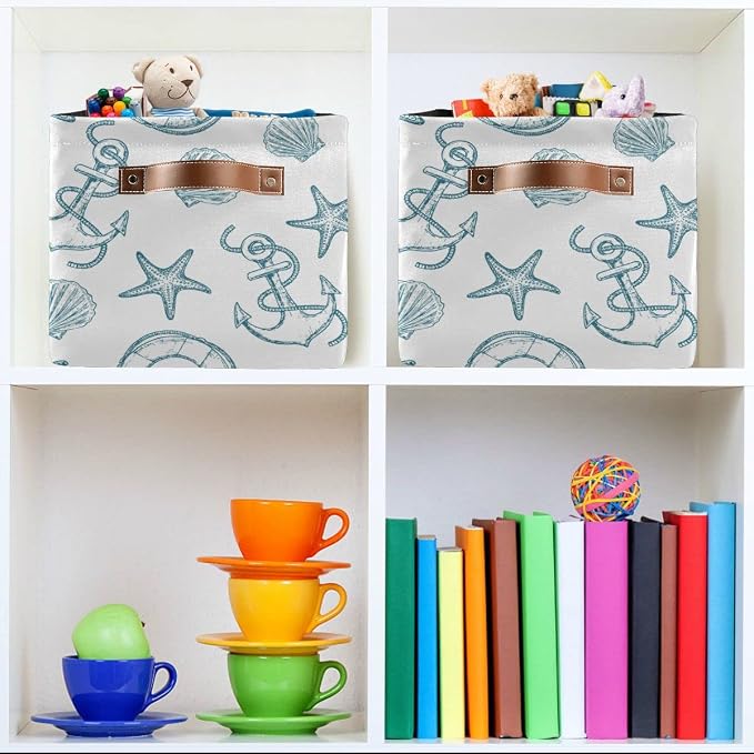 Coastal Anchor Nautical Theme Storage?Basket?Fabric?Laundry?Baskets Starfish Summer Beach Storage?Boxes?Organizer?Bag?for?Baby?Cloth?Dog?Toy?Book?Storage?Cubes?Shelf?Closet?Bins?16¡Á12¡Á8?Inches