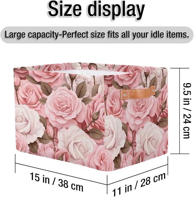 SEULIFE Floral Flower Rose Pink Foldable Storage Basket, Large Collapsible Organizer Storage Bin Cube Toys Storage Boxes with Handles for Bathroom Kids Nursery Closet Storage, 1 Pack