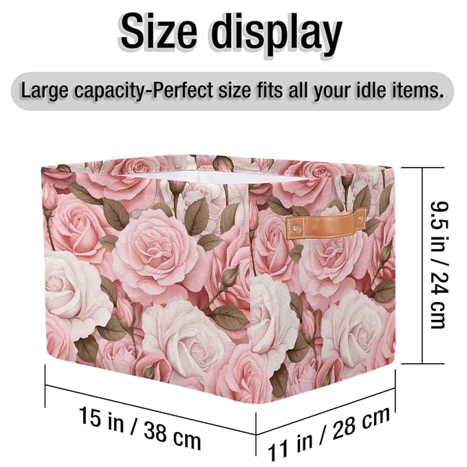 SEULIFE Floral Flower Rose Pink Foldable Storage Basket, Large Collapsible Organizer Storage Bin Cube Toys Storage Boxes with Handles for Bathroom Kids Nursery Closet Storage, 2 Pack