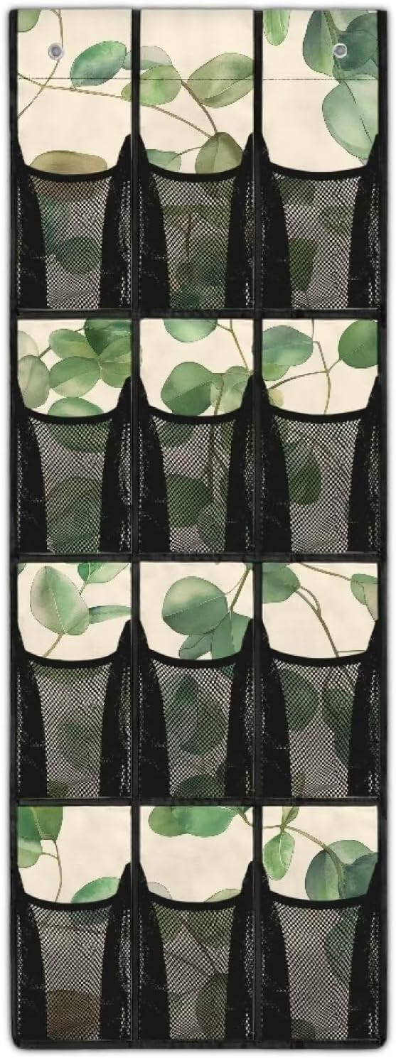 Leaves Space Saving Hanging Shoe Organizer,Entryway Bedroom Bathroom Storage Bags with 12 Mesh Large Pockets,Stylish Print