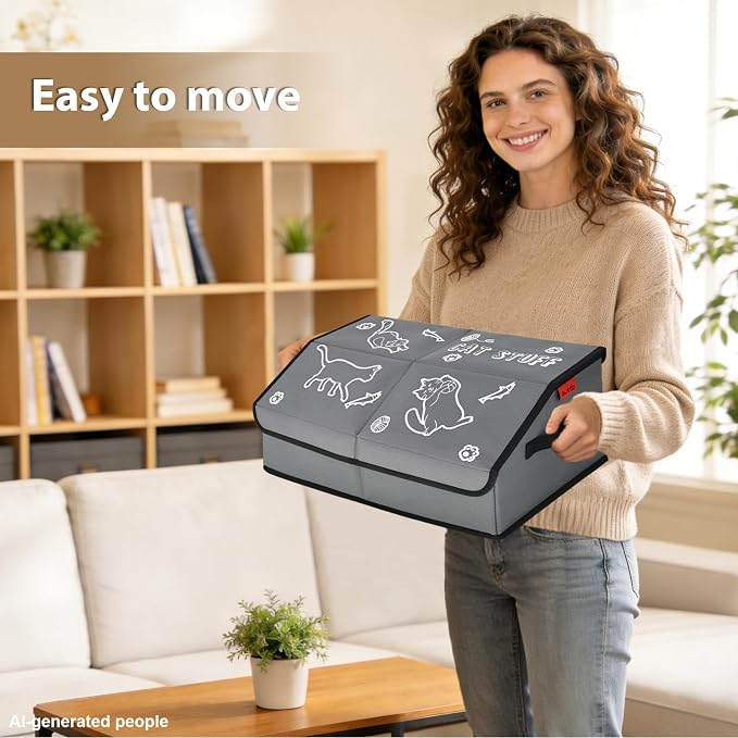 Sturdy MDF Cat Toy Box Storage with Lid, 19" Collapsible Cat Toy Bin with Handle, 600D Fabric Cute Pet Storage Basket Organizers for Pet Toys and Accessories - Grey (2 Pack)