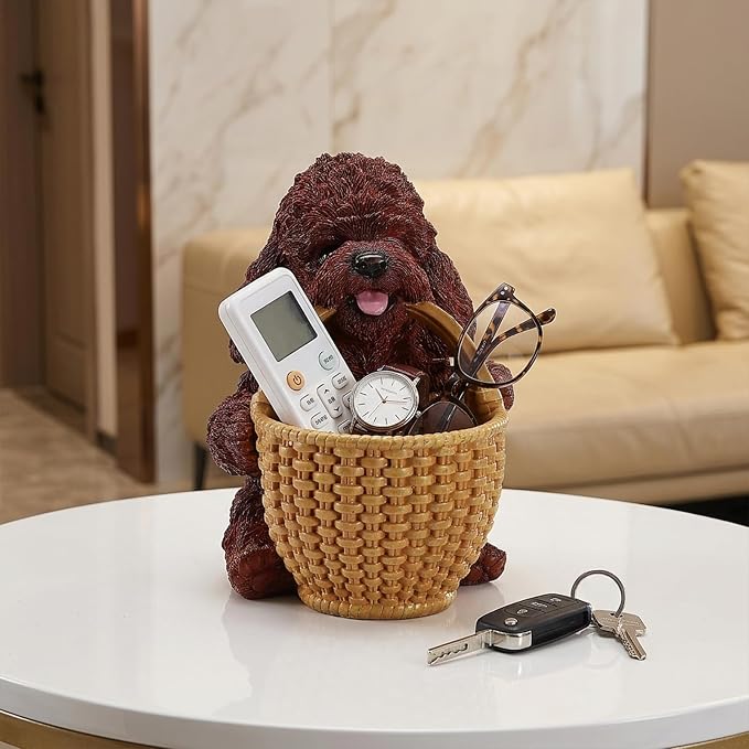 Chocolate Brown Teddy Poodle Candy Bowl, Resin Dog Figurine Key Bowl for Entryway Table, Desktop Storage Basket Organizer for Desk, Unique Dog Lover Gift