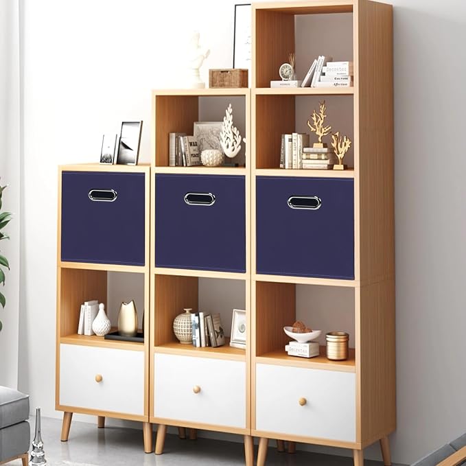 Black Foldable Storage Cubes Bins , Fabric Storage Box Cubes Organizer Baskets with Dual Handles for Home Organizer (Navy Blue)