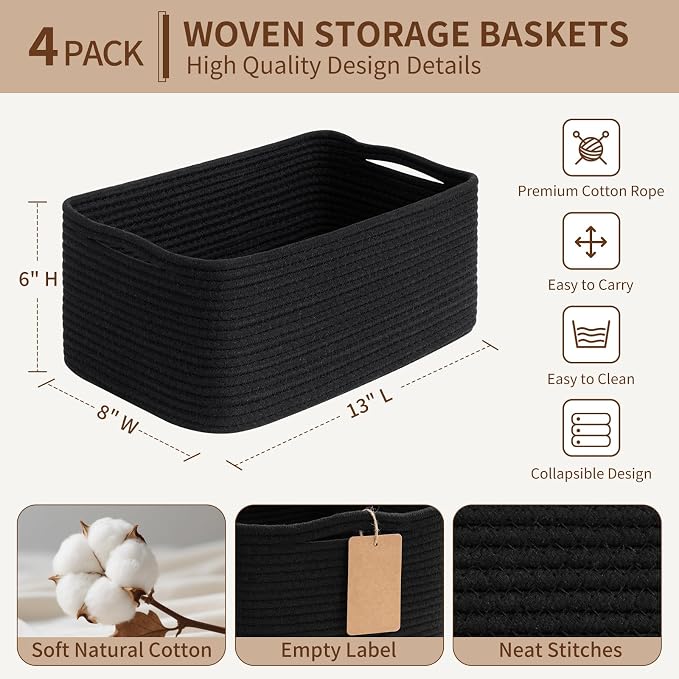 Goodpick 4 Pack Storage Baskets for Organizing Shelves, Black | 13" x 8" x 6" Woven Rope Baskets for Baby Toys, Books & Nursery Essentials, Stylish Gift Basket for Nursery & Home Decor
