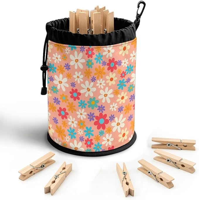 Floral Clothespin Storage Pouch Drawstring, Laundry Peg Bag Organizer with Multi-Hang Button, Portable Clips Holder for Drying Rack, Camping, Travel & Dorm