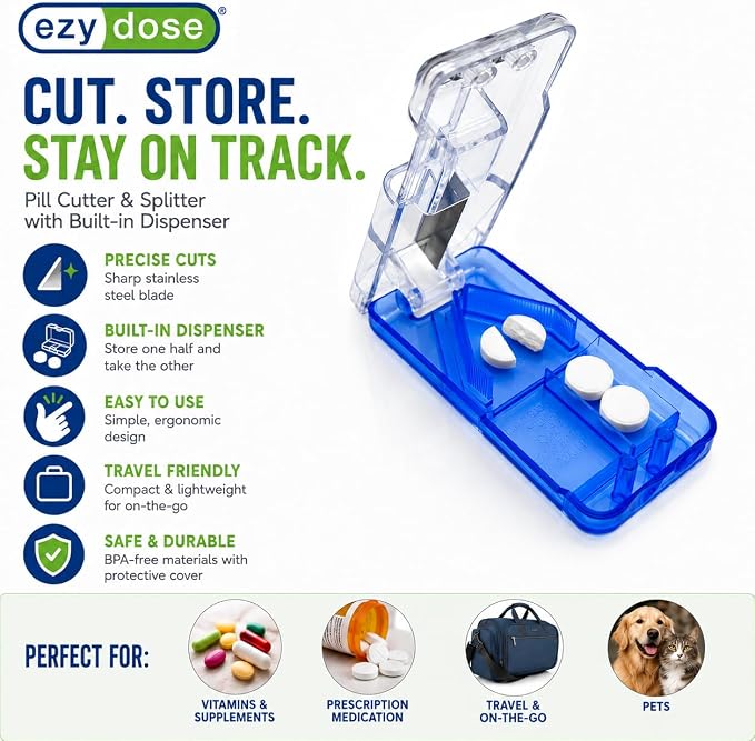 Ezy Dose Pill Cutter and Splitter with Built-in Pill Dispenser, Easy-Cut Stainless Steel Blade for Tablets, Vitamins, Medication, Portable, Travel-Size Pill Cutter for Seniors, Pets, Color May Vary