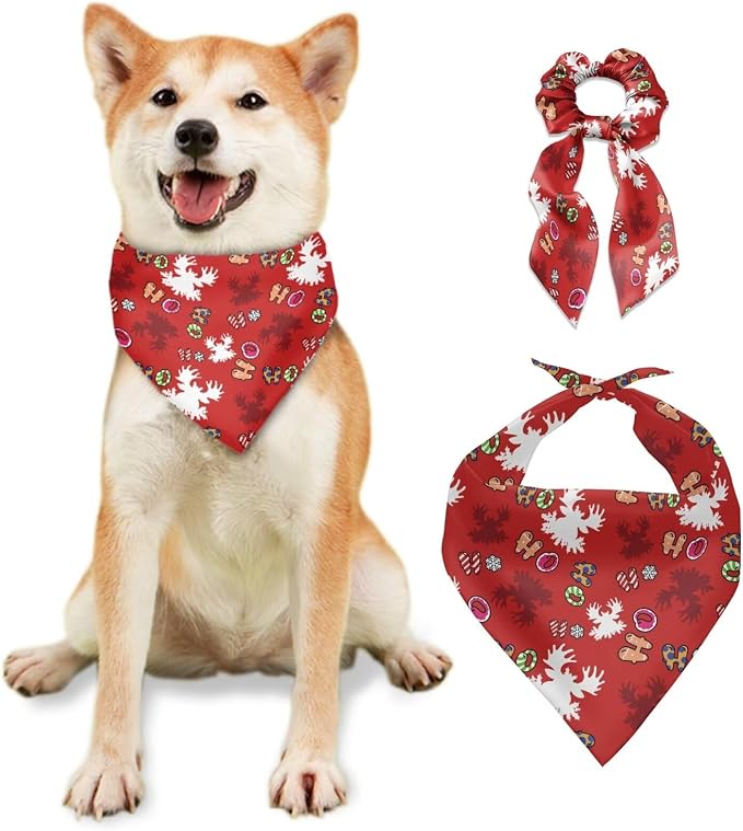 COEQINE Christmas Dog Bandanas Slip Over Collar with Red Bow Hair Tie for Women Dog Accessories Cute Xmas Deer Hohoho Red Pattern Pet and Owner Matching Outfits