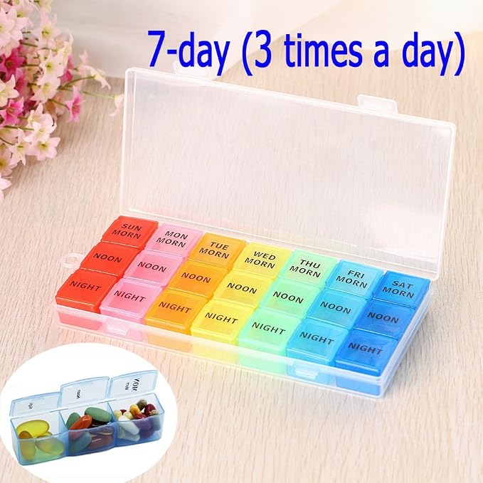 Weekly Pill Organizer, 3 Times a Day, Portable 7-Day Pill Box Case | Travel Prescription Pill Case Dispenser, Vitamin Fish Oil Compartment Container, Daily Calcium DHA Supplement Holder Reminder