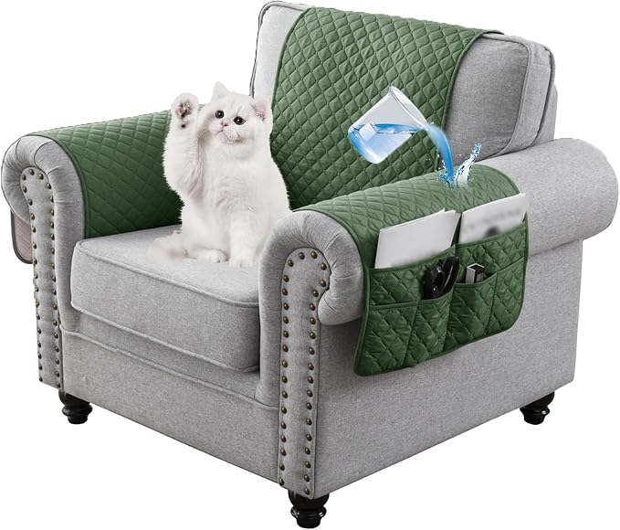 Water-Resistant Sofa Armrest and Headrest Covers with Side Pocket | Keep remotes close quilted polyester helps guard against wear, pet scratches, and kids' messes silicone backing adds grip