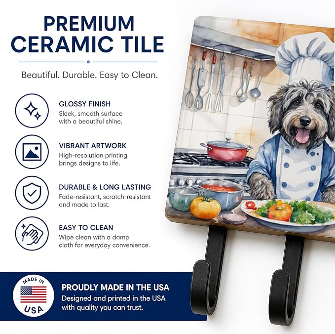 Caroline's Treasures Bergamasco Sheepdog The Chef Leash or Key Holder Wall Hooks, Key Hooks Holder, Coat Rack Wall Mount, Coat Hooks, Hooks for Hanging Keys, Towels, Aprons, Leashes | Bergamasco Sheepdog The Chef artwork on ceramic tile with three stee...