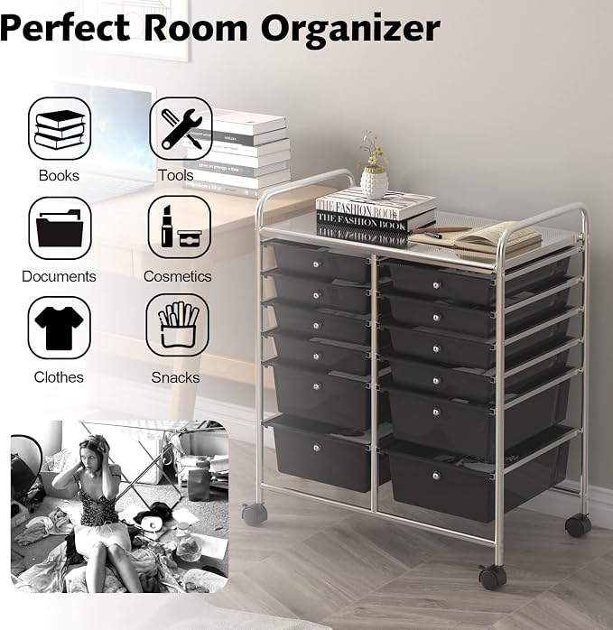 12 Drawer Rolling Storage Cart, Art Cart Organizer on Wheels, Mobile Utility Cart with Drawers, Multipurpose Craft Drawers for Home Office School Classroom (Black)