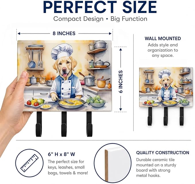 Caroline's Treasures Yellow Labrador Retriever The Chef Leash or Key Holder Wall Hooks, Key Hooks Holder, Coat Rack Wall Mount, Coat Hooks, Hooks for Hanging Keys, Towels, Aprons, Leashes | Yellow Labrador Retriever The Chef artwork on ceramic tile wit...