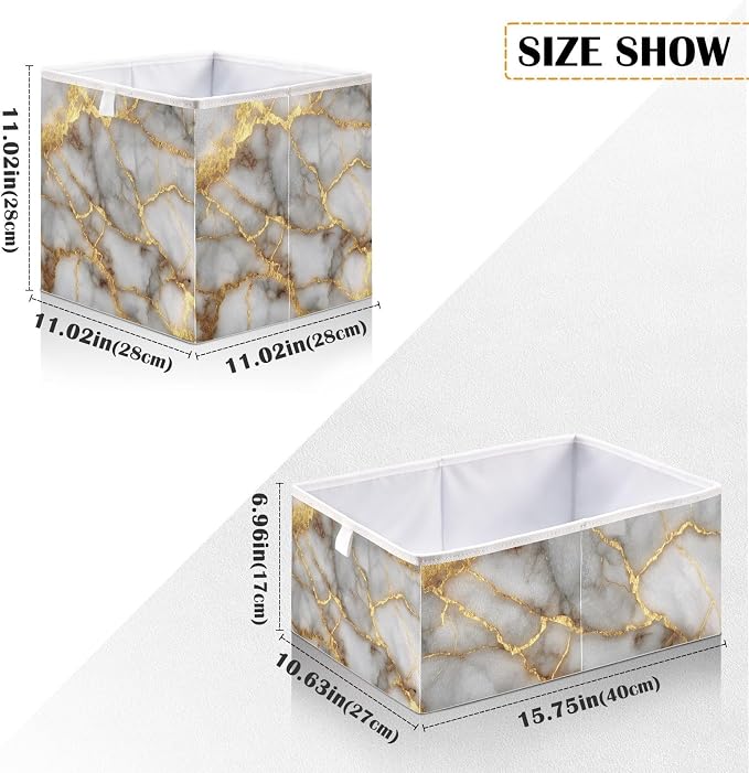 Gold Marble Pattern Cube Storage Bins Collapsible Fabric Storage Baskets Large Clothes Organizer Box for Bedroom Living Room Study Room 11×11×11 In