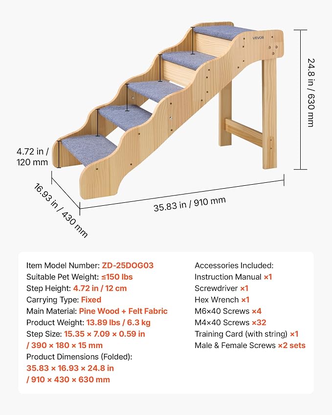 VEVOR Wood Pet Stairs, 5-Step Dog Stairs for High Beds, Sofa & Cars, 150lbs Load Capacity, Non-Slip Surface, Stable Cat & Dog Step Ladder for Small Medium Large Older Pet Puppy Essentials