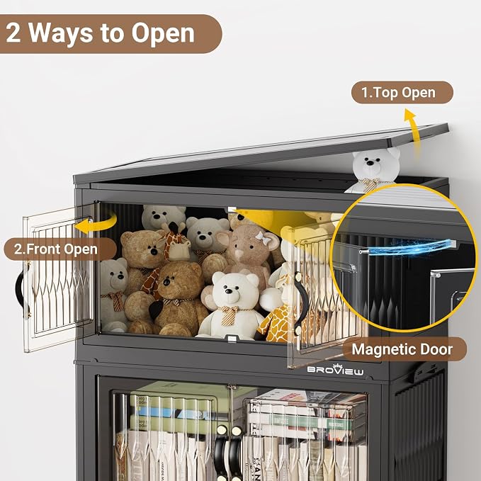 BROVIEW 180Qt Stackable Storage Bins with Lid for Home Dorm, 3Pack Black | Closet Organizers, Foldable & Collapsible Cabinets, Large Containers, Wheels & Magnetic Doors, Plastic Drawers for School