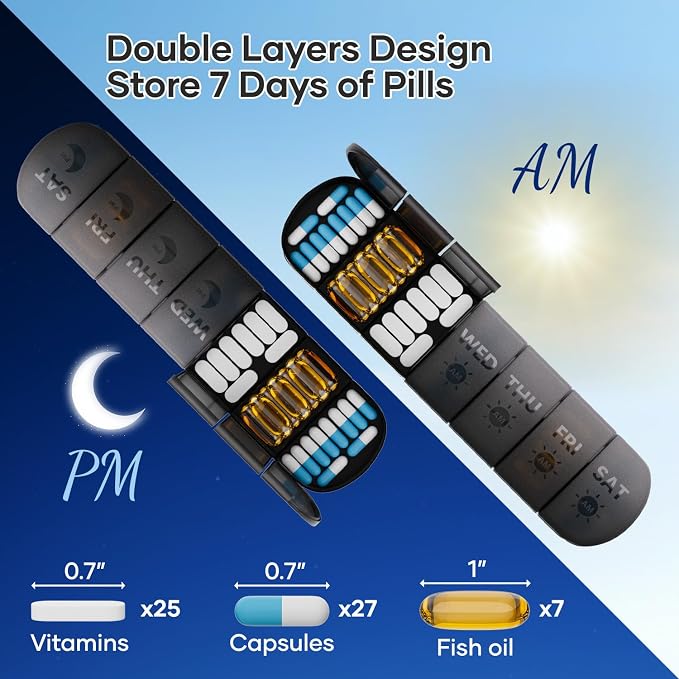 Weekly Pill Organizer 2 Times a Day, Travel Medicine Pill Organizer, Pill Box Case 7 Day AM PM BPA-Free, Pill Container for Vitamins, Fish Oil, Supplements and Medication, Black