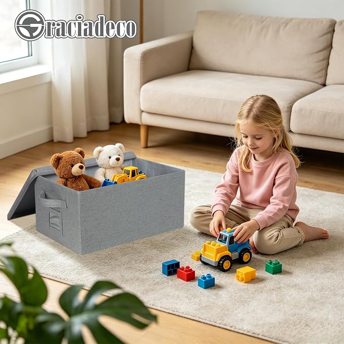Storage Bins With Lids Closet Organizer Cabinet Box For Clothes,Toys,Shelf | 2 Pack, 17"X 12"X 2", Collapsible, Stackable, Dustproof, Built-In Handle, Label Slot, Linen Fabric, Cardboards, Grey