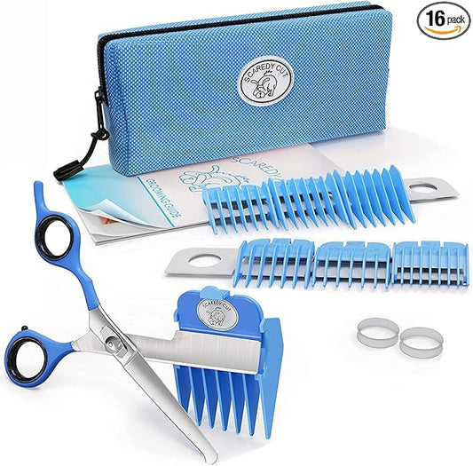SCAREDY CUT Silent Pet Grooming Kit for Dog, Cat and All Pet Grooming - A Quiet Alternative to Electric Clippers for Sensitive Pets (Left-Handed Blue)