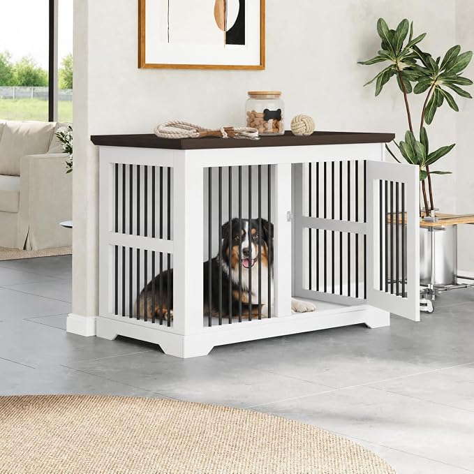 44" Wooden Dog Crate Furniture,Large Kennel Pet Cage End Table for Indoor | for XXL XL Medium Dogs, White and Wood, Fits Living Room Bedroom, Heavy Duty Steel Frame with Lock 100 lbs Cap, 100 lbs Top.