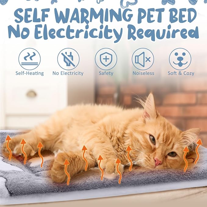 2 Pack Self Warming Cat Mat Self Heating Pad Bed Reversible Machine Washable Reflects Body Heat Warm Thermal Pet Pad Crate Blanket for Feral and Indoor Cat (Grey,22'' X 18'',Bone)
