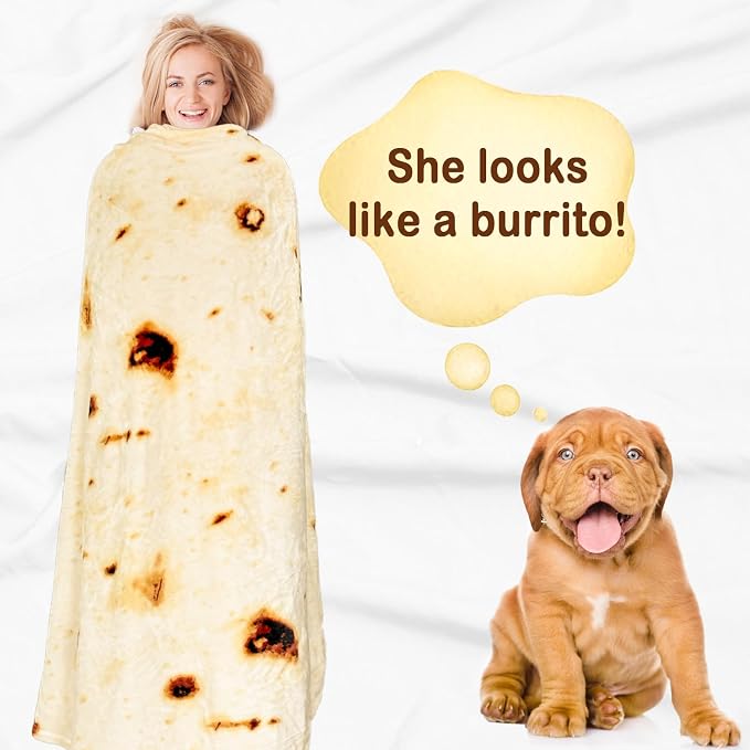 Bnuitland 72 Inches Tortilla Burritos Pattern Blanket with Pillow Cover (18×18"), 300 GSM Double Sided Giant Funny Novelty Realistic Food Blanket for Adults and Kids
