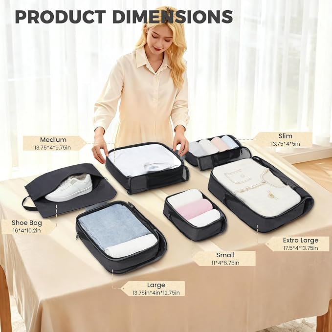 BAGAIL Lightweight Compression Packing Cubes for Travel, 6 Set, Dark Grey | Salis Nylon Fabric,Anti-Tearing,Save Space,SBS Zippers,Packing List,PVC Tag Pocket,Custom Labels,Visible Mesh,Portable Handel