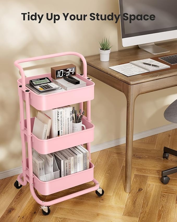 Pipishell Metal 3 Tier Rolling Cart with Handle & 2 Lockable Wheels, Pink | Four Large 2" Wheels for Easy Motion, Sturdy Metal, Hold 22 lbs per Shelf, Ideal for Nursery Room, Living Room, Painting Room