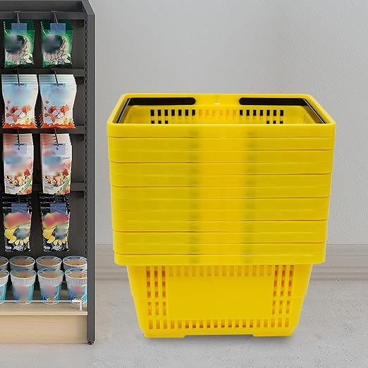 12PCS Shopping Baskets with Handles, 17x12x9inch Plastic Storage Bins Grocery Baskets, Portable Shop Basket Used for Supermarket, Retail, Bookstore (Yellow)
