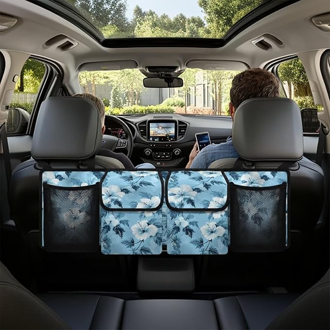 Dreaweet Blue Hibiscus Flower Trunk Organizer for Car Women Hanging Back Seat Storage with 4 Pockets Collapsible Car Cargo Trunk Storage Organizer Bag for Truck,SUV,Van with Adjustable Straps