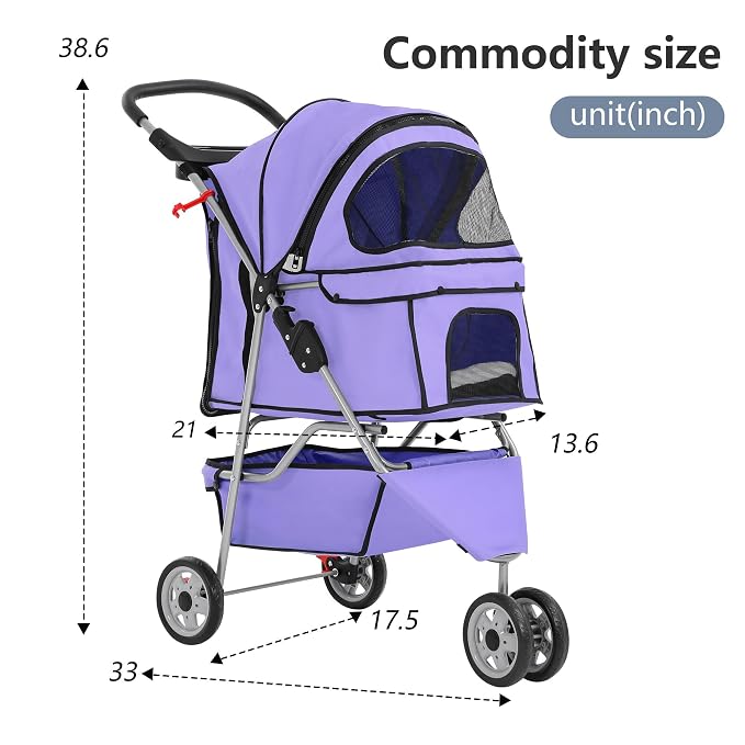 FDW Pet Stroller 3-Wheel Durable Foldable Cat Dog Stroller with Washable Liner Storage Basket Cup Holder,Purple