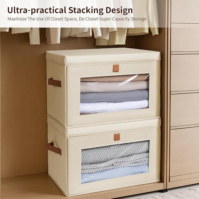 Large Closet Storage Bins - Collapsible Clothing Organizer with Handles & Window, Decorative Bin with Lids, Linen Closet Organizers for Living Room, Dorm, 6 Pack, Beige