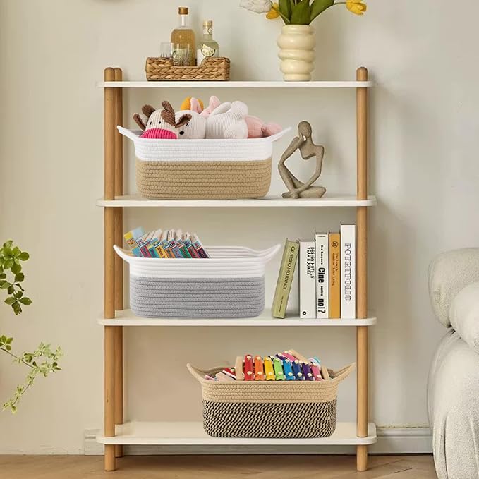 OIAHOMY Woven Basket, Gift Basket Empty with Gift Bags and Ribbons, Rope Baskets for Baby Showers, Storage Baskets with Handles for Nursery, Pet Toy Organizer -Black & Yellow