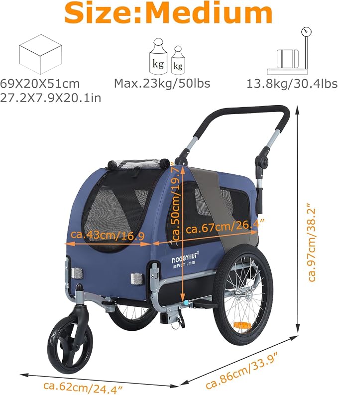 DOGGYHUT® Premium Medium Pet Bike Trailer & Stroller Up to 50 lbs (Blue) | Bicycle Trailer for Small or Medium Dogs, Dog Bicycle Carrier, Low Center of Gravity, Folding Frame Cart