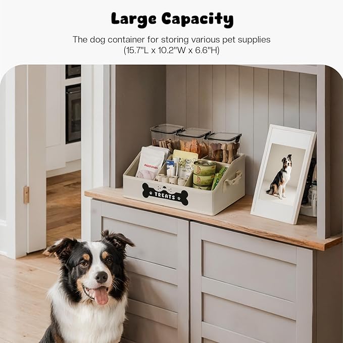 Dog Treat Container, Dogs Storage Organizer with Removable Dividers, Collapsible Dogs Treat Holder for Countertop, Trapezoid Pet Treats Containers, Dog Toy Basket with PU Handles, Medium, Beige