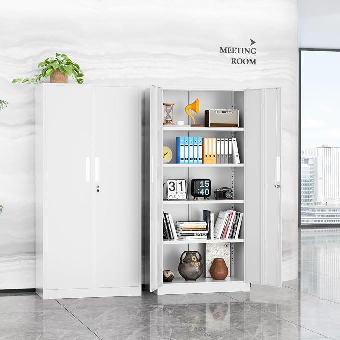 Crownland 72" Metal Storage Cabinet, Lockable Garage Storage Cabinets, High Office Cabinet with Adjustable Shelves for Home Office, Pantry, Garage, Classroom, File(White-Narrow Size)