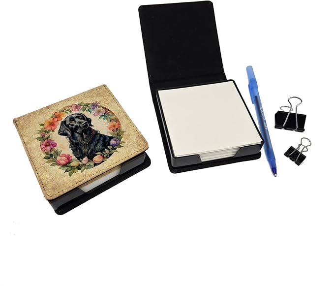 Caroline's Treasures Flat-Coated Retriever and Flowers PU Leather Note Paper Holder with Artist-Designed Cover, Desk Accessory, Office Gift