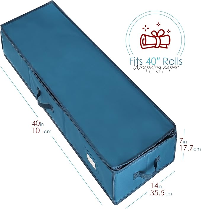 Hearth & Harbor Wrapping Paper Storage Container - Christmas Storage Bag with Ribbon Dispenser and Interior Pockets - Gift Wrap Organizer Fits Up to 26 Rolls of 40" Length, Blue