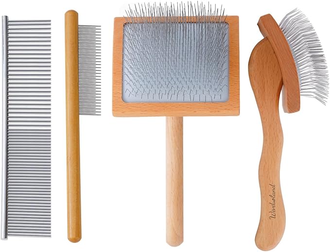 Ergonomic Slicker Brush for Long-Haired Dogs - Wooden Handle, Long Pins for Grooming Goldendoodles