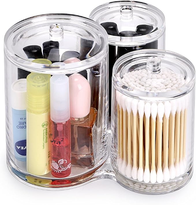 Hipiwe Clear Acrylic Cotton Swab Holder Cotton Round Container, 3 Slots | Cotton Pad and Ball Q-tip Organizer Case for Makeup Brush, Bathroom Apothecary Jar with Lid