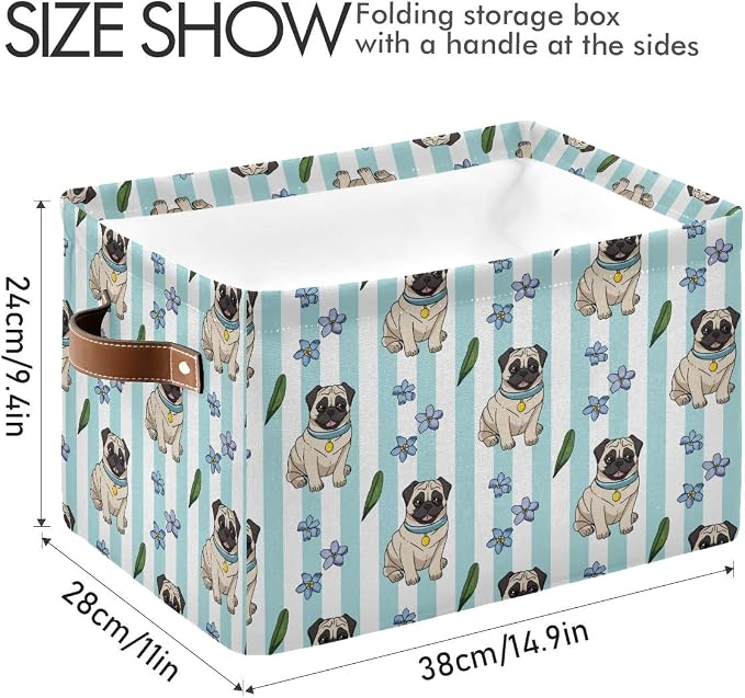 Cute Cartoon Pugs Storage Basket Bin, Foldable Fabric Organizer | Cute pug storage basket with canvas fabric, steel support, foldable design and handles for closet, bedroom and home use.