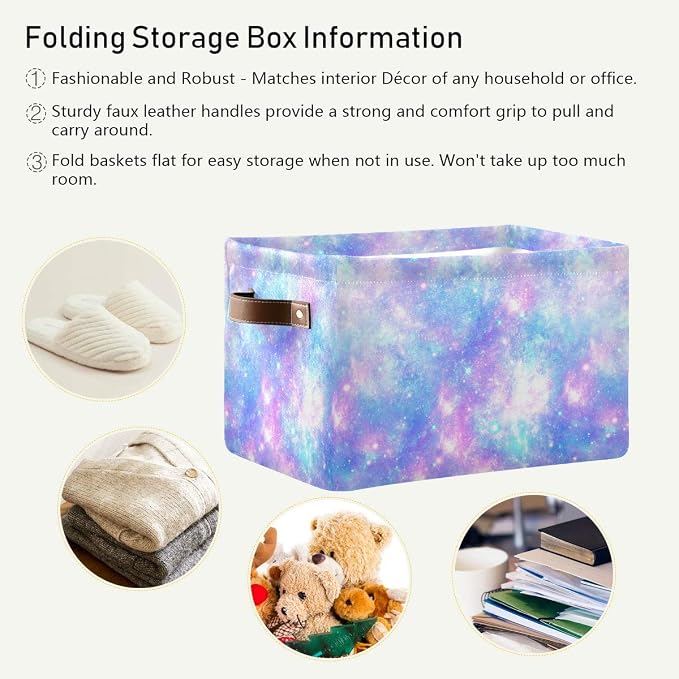 Foldable Storage Baskets Set of 2, Magic Galaxy Star Print Storage Bins with Handles, Decorative Cloth Organizer Storage Boxes for Home|Office 15 x 11 x 9.5 in