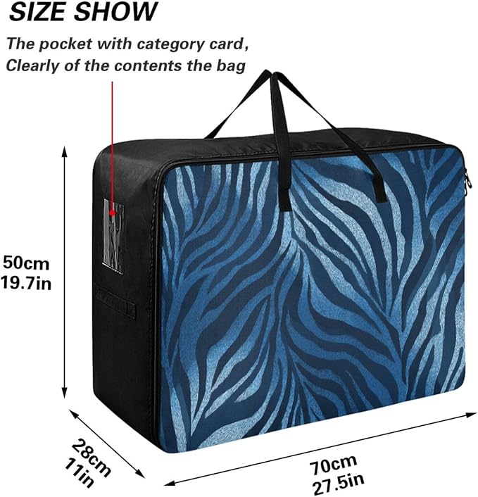 Comforter Storage Bags Large Folding Blanket Organizer Bag with Strong Handles Clear Window Closet Storage Containers for Clothes King Queen Pillows Bedding Quilt Duvet Navy Blue Zebra Print