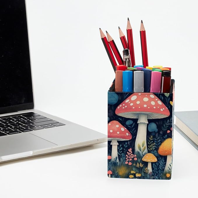 Mushroom Pen Holder for Desk Decor, Rectangular PVC Leather Pencil Cup for Desk Pen Organizer, Makeup Brush Holder for School, Home, Office