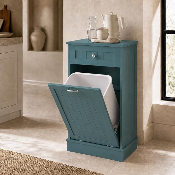 KIGOTY Tilt Out Trash Can Cabinet, Laundry Hamper Cabinet, Teal Blue