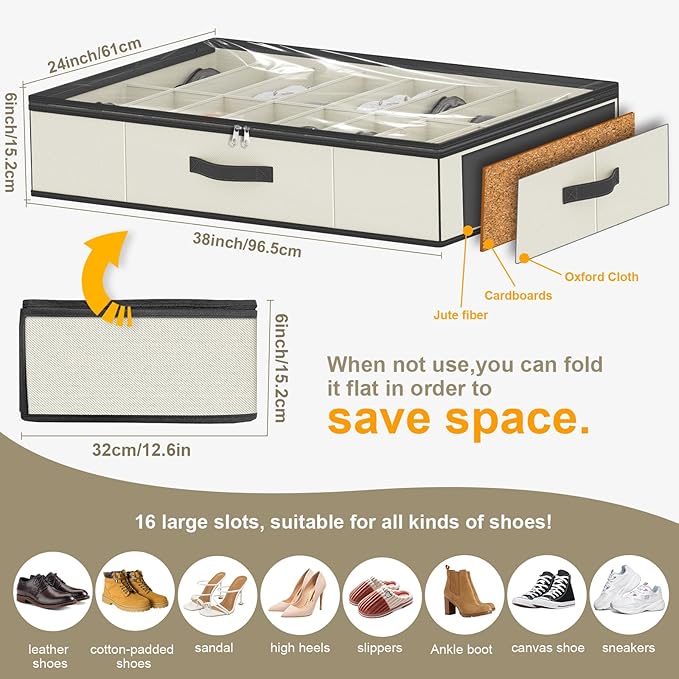 32 Pairs Shoe Organizer Under Bed, Sturdy Underbed Shoe Storage Boxes Bins, Organizador De Zapatos, Extra Large Zapateras Organizer, Beige, Set of 2