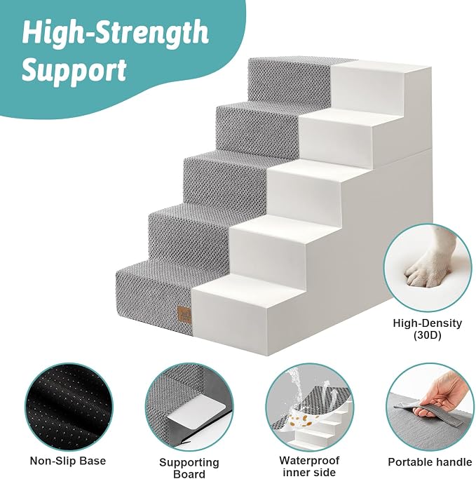 COZY KISS Dog Stairs for Small Dogs, 5 Step Pet Stairs for Beds & Couches | 23.6" H Wide Non-Slip Dog Steps with Removable Tiers & Support Board for Puppies, Older Cats & Dogs, Grey