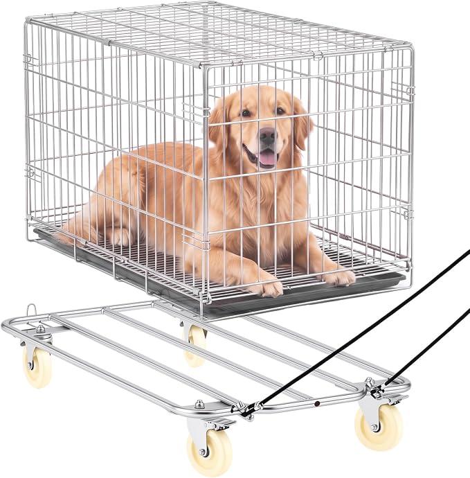 DaisyInner 42" x 24" Chrome Dog Cage Cart with Wheels Heavy Duty Kennel Trolley 330 Lbs Capacity with Removable Pull Rope and Handle Locking Casters for Vet Clinic, Grooming, Shelter