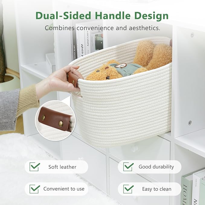 ECDYQXVU 15x10x9 Woven Cotton Rope Storage Basket, Leather Handles 1 Pack | Foldable Design, Sturdy PU Handles, Easy to Clean Organizer for Living Room, Closet, Shelves, Bedroom, Laundry, Clothes