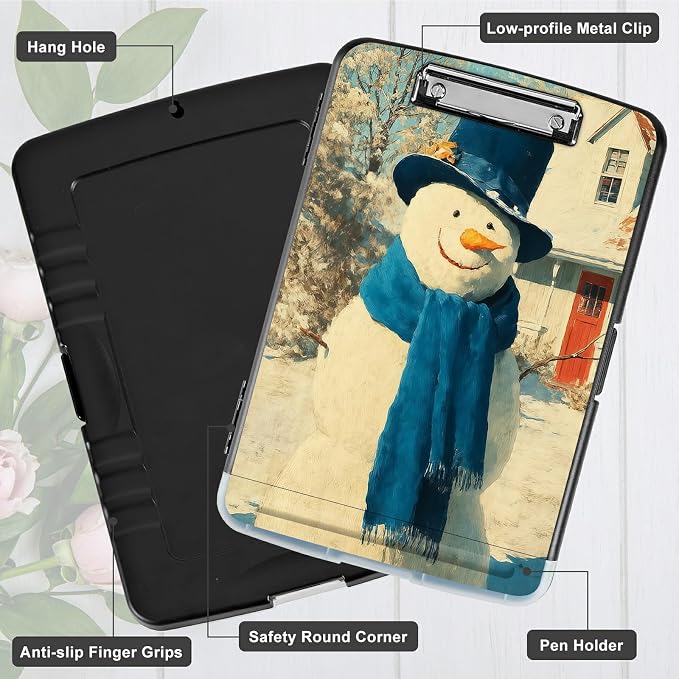A4 Clipboard with Storage Pen Holder, Clipboards Organizer Nursing Clipboard Foldable File Folder Plastic Clipboard Folio Clip Board for Office Work Classroom Doctor, Blue Towel Snowman